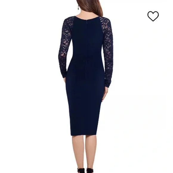 NWT BETSY & ADAM Sheer-Sleeve Navy Blue Dress - Size 6 - Picture 3 of 9